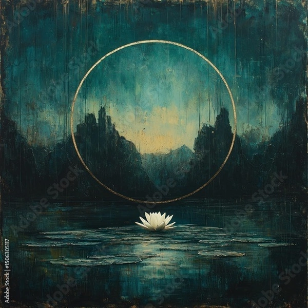 Fototapeta Abstract Lake Painting with Lily Pad and Golden Circle Illustration