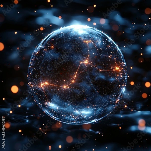 Fototapeta Glowing Abstract Sphere with Connected Lines and Particles on Dark Background