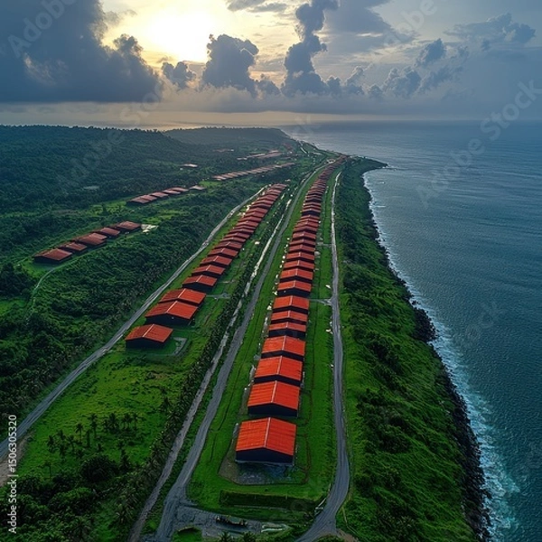 Fototapeta Aerial View of Coastal Buildings with Red Roofs and Ocean Scenery