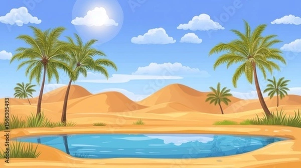 Fototapeta Oasis Scene in Desert with Palm Trees and Water Pond Illustration