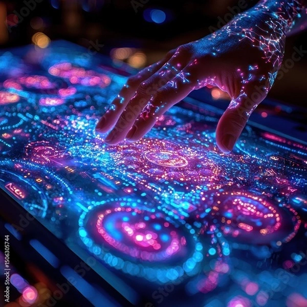 Obraz Hand Interacting with a Futuristic Touch Screen Display with Glowing Patterns