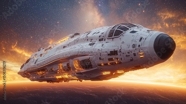 Fototapeta Spaceship Flying Above a Planet at Sunset with a Starry Sky