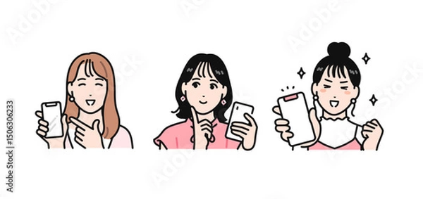 Obraz スマートフォンを見て喜ぶ3人の若い女性のシンプルなベクターイラストセット