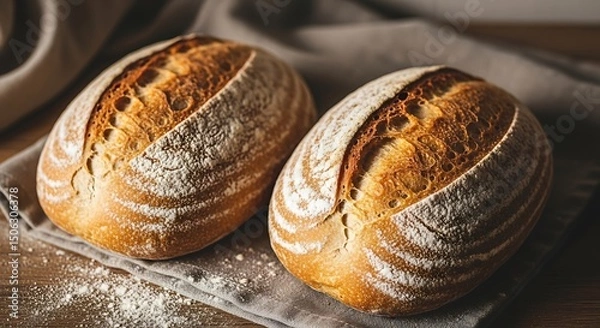 Fototapeta Two freshly baked artisan sourdough bread loaves with crusty texture on cloth