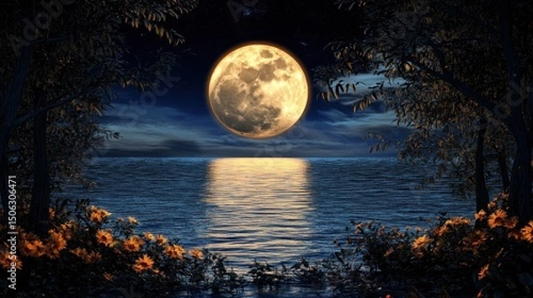 Fototapeta Full Moon Over Water with Trees and Flowers at Night