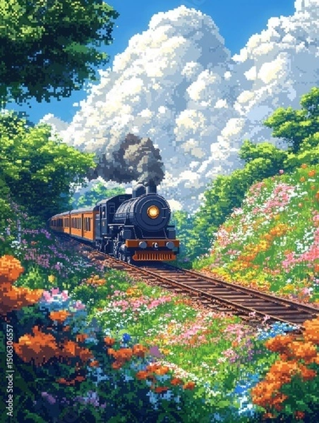 Fototapeta Steam Train Journey Through Pixel Art Flower Meadow and Lush Greenery