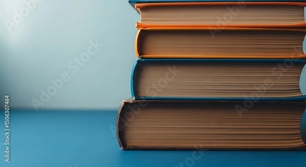 Fototapeta Stack of hardcover books with colorful edges on blue surface against light background