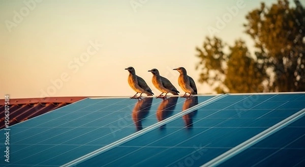 Fototapeta Three small birds perched on reflective solar panel at sunset with tree background