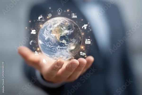 Fototapeta A person's hand gently cradles a translucent globe, encircled by glowing icons representing global interconnectedness and sustainable development