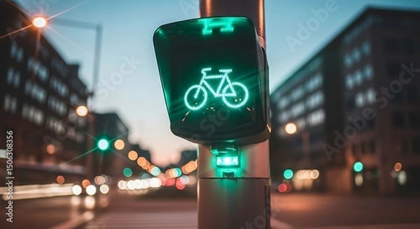 Fototapeta Green bicycle traffic signal illuminated on urban street at dusk with blurred city background
