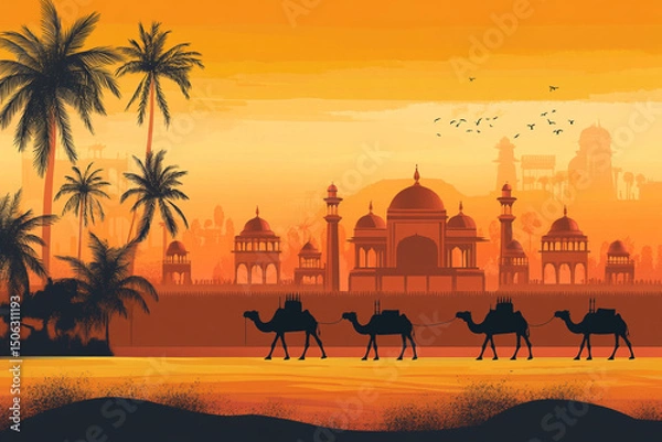 Obraz Traditional Mughal, camel caravan, vector style.