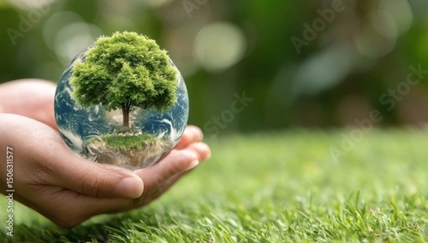 Fototapeta Two hands gently cradle a glass sphere depicting a lush green tree rooted on a miniature Earth, nestled on vibrant green grass against a soft-focus natural background