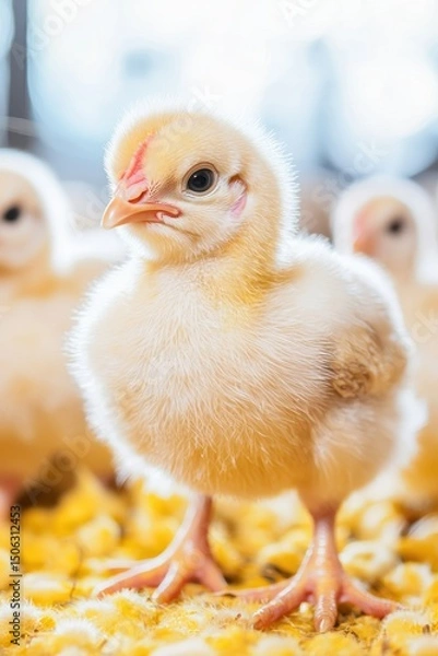Fototapeta Close-up of a healthy chick in a clean farm environment, highlighting the importance of biosecurity to prevent bird flu and avian influenza outbreaks.