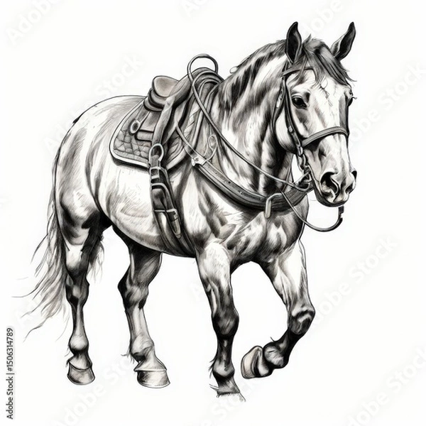 Fototapeta an AI Image Generator, Illustrated Saddled Horse Standing Elegantly