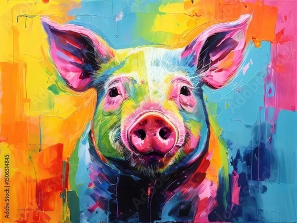 Fototapeta an AI Image Generator, Colorful Abstract Painting of a Pig Wearing