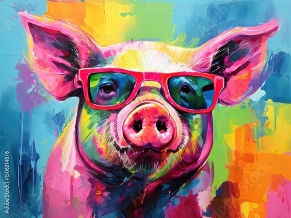 Fototapeta an AI Image Generator, Colorful Abstract Painting of a Pig Wearing