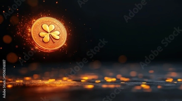 Fototapeta A glowing coin with a four-leaf clover design hovers above a dark surface, surrounded by sparkling golden particles.