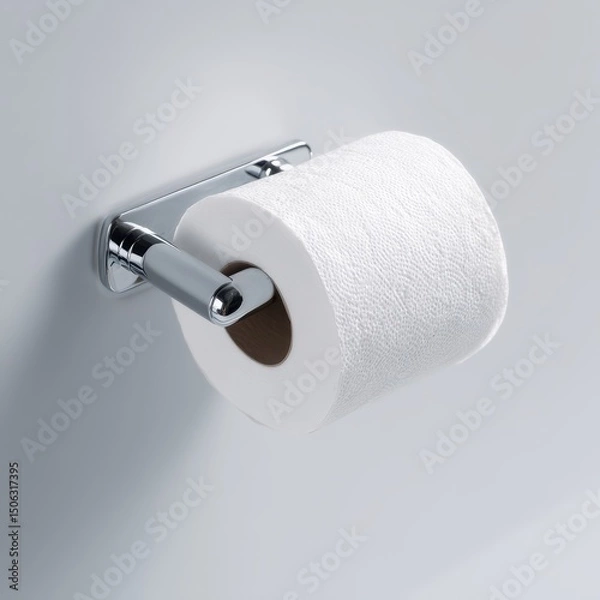 Fototapeta Sleek, chrome toilet paper holder with a roll of white tissue mounted on a light gray wall