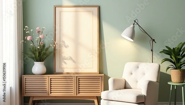 Fototapeta Modern living room interior with blank frame