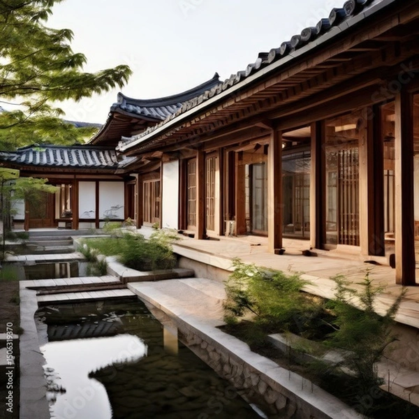 Fototapeta an AI Image Generator, Asian Architecture with Courtyard and Garden Landscaping