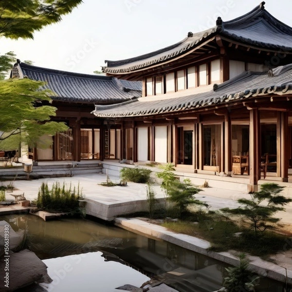 Fototapeta an AI Image Generator, Asian Architecture with Courtyard and Garden Landscaping