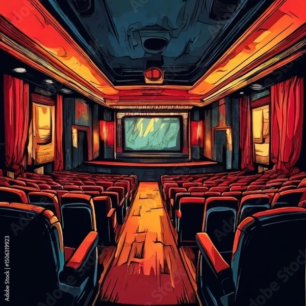 Fototapeta an AI Image Generator, Vintage Theater Scene With Red Seats and Stage