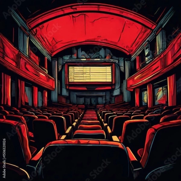 Fototapeta an AI Image Generator, Vintage Theater Scene With Red Seats and Stage