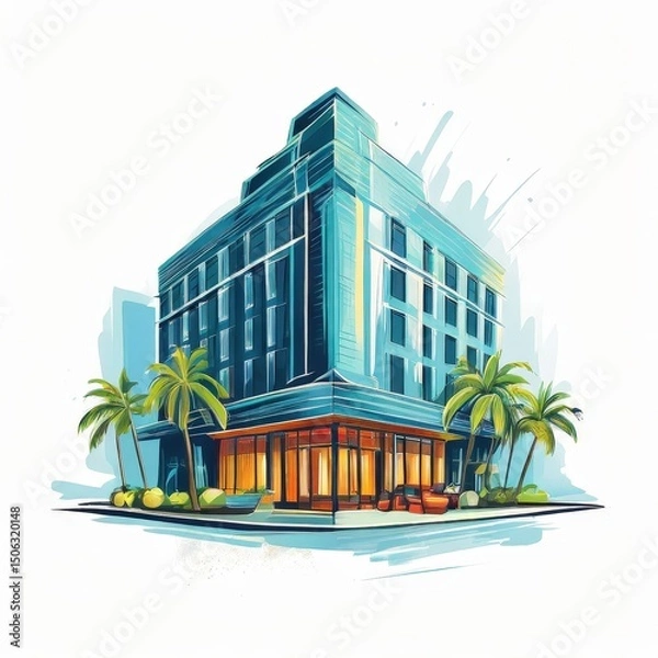Fototapeta Hotel Building with Palm Trees in an Artistic Illustration an AI Image Generator,