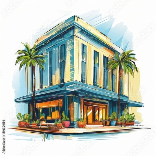 Fototapeta Hotel Building with Palm Trees in an Artistic Illustration an AI Image Generator,