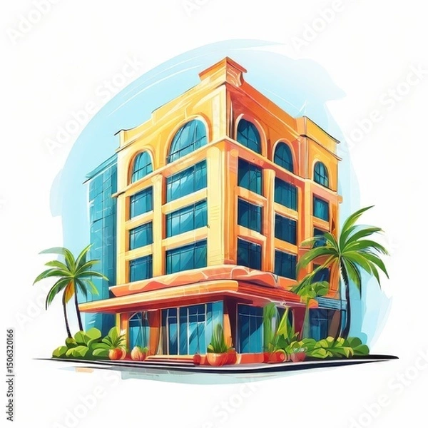 Fototapeta Hotel Building with Palm Trees in an Artistic Illustration an AI Image Generator,