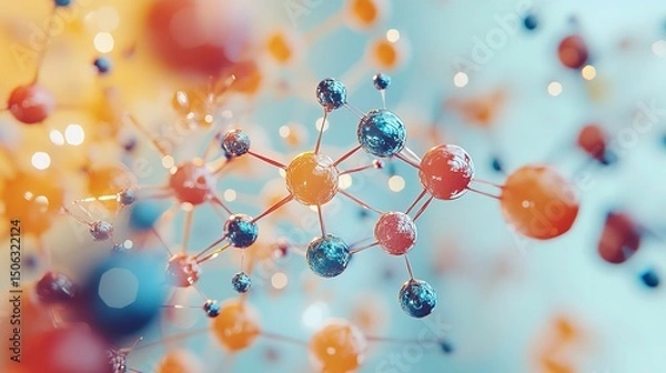 Fototapeta Vibrant visualization of colorful spheres representing molecular structures, showcasing beauty of combinatorial chemistry. dynamic arrangement creates sense of movement and energy