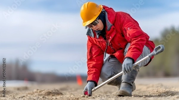 Fototapeta Technician using soil sampling auger on dirt during environmental field research