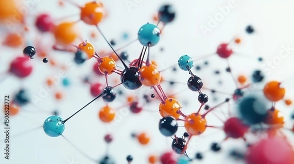 Fototapeta Vibrant visualization of colorful spheres representing molecular structures, showcasing beauty of combinatorial chemistry. dynamic arrangement creates sense of movement and energy