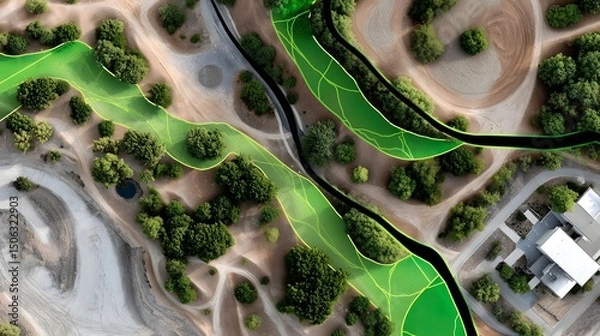 Fototapeta Aerial view of a lush, natural landscape with winding paths and roads