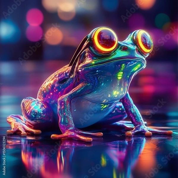 Fototapeta Colorful Smart Frog in a Vibrant Digital Dimension with Futuristic Energy Flow