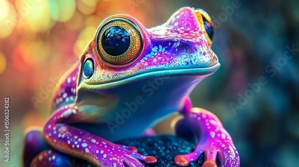 Fototapeta Colorful Smart Frog in a Vibrant Digital Dimension with Futuristic Energy Flow