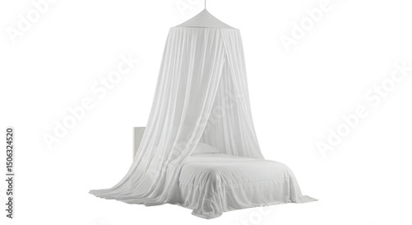 Fototapeta Elegant white canopy bed in a serene bedroom setting, showcasing soft textures and minimalistic decor, perfect for relaxation