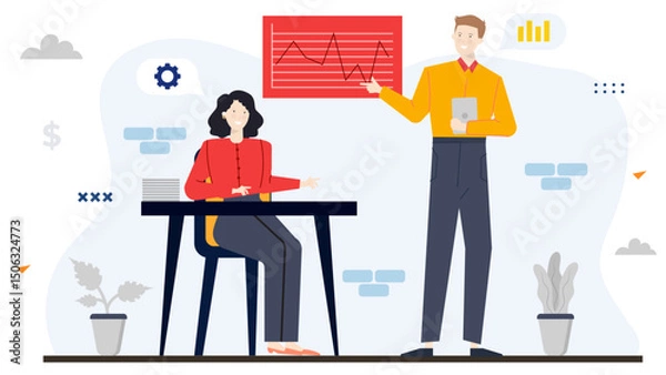 Fototapeta Man points to red graph as woman sits at desk. Perfect for presentations, business meetings, financial consultations, teamworkthemed designs.