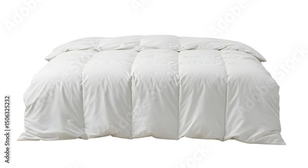 Fototapeta Soft, fluffy white comforter neatly arranged on a bed, highlighting its texture and inviting warmth in a cozy bedroom setting
