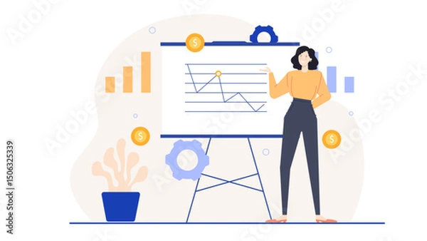 Obraz Woman presenting financial data on whiteboard suitable for business presentations, finance blogs, educational materials, online courses, and marketing content.