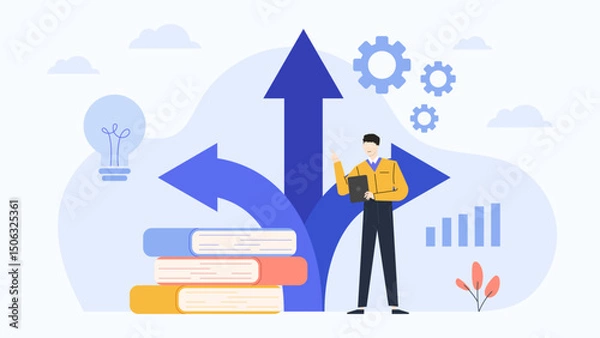 Fototapeta Man with a tablet at a crossroads; decision making, digital technology, choices, future planning, career path, technology in decision making.