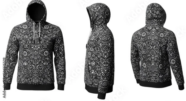 Fototapeta Stylish black hoodie featuring intricate pattern design, displayed from multiple angles against a neutral background