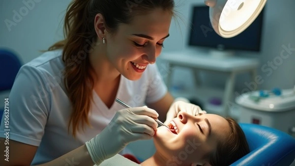 Fototapeta A dental hygienist attentively cleans a patient's teeth using specialized tools under bright lighting, while the patient appears relaxed and is looking at the camera.