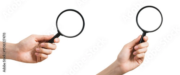 Obraz Hand holding magnifying glass isolated on white background.