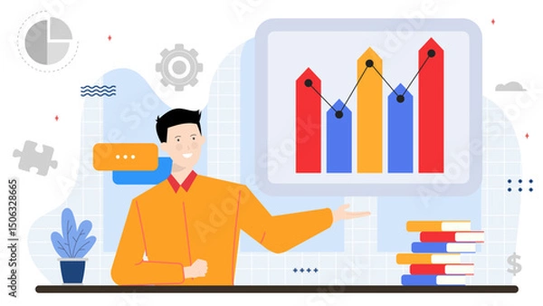 Fototapeta Man presenting colorful bar chart. Suitable for business presentations, data analysis reports, marketing materials, educational content on statistics.