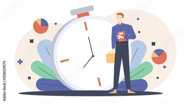 Fototapeta Businessman poses next to clock with briefcase and folder. Perfect for time management, punctuality, business meetings, deadlines concepts.