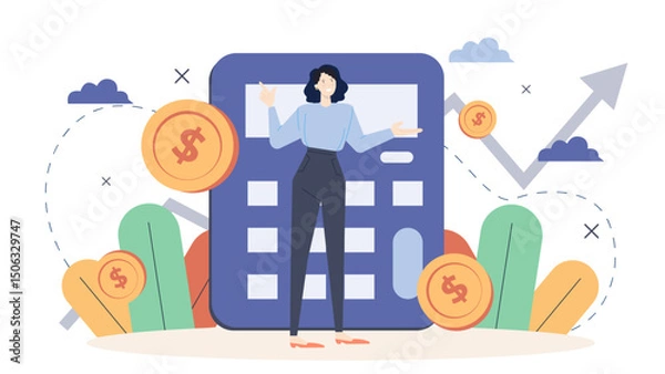 Fototapeta Woman with calculator and dollar coins, finance concept. Suitable for financial planning, budgeting, accounting, savings, investment, and business concepts.