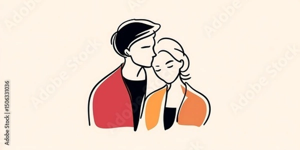 Obraz One-line drawn couple in embrace for Valentine's Day