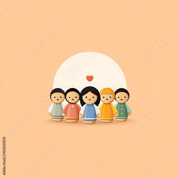 Obraz Wooden peg dolls in circle on pastel peach background