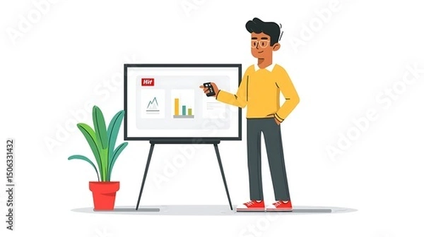 Obraz businessman making pitch deck slides with remote in office screen setup